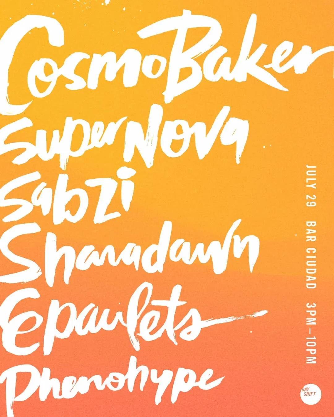 Check out Ciudad this Sunday for Day Shift. Looking forward to sharing my party cuts with y'all! Only the best music, from @cosmobaker @djsupernova @sabzi @djsharadawn and DJ Phenohype, so I need to bring my A-game.