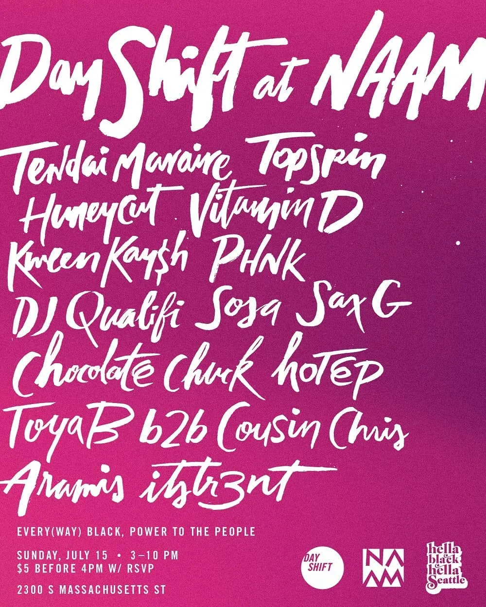 Dayshift-- A very special Sunday gathering, at the NW African American Museum with some of our favorite DJs. Don't miss it!--In keeping with NAAM's mission and vision, and Day Shift's influences and values, the event will celebrate Black Pride Black Love Black Power Black Brilliance Black Allies